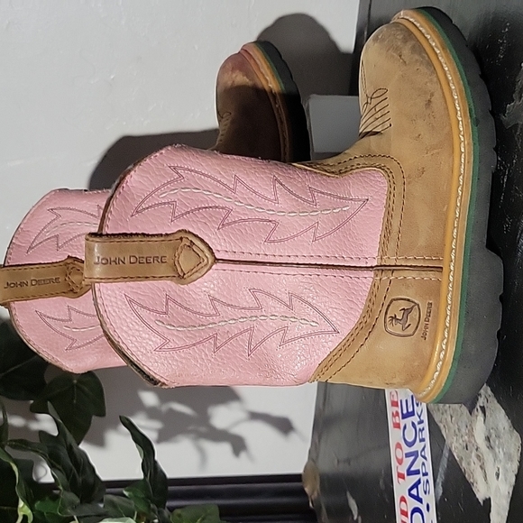 JOHN DEERE Pull On Pink Tan Leather Western Boots 12M Boys - Picture 3 of 15